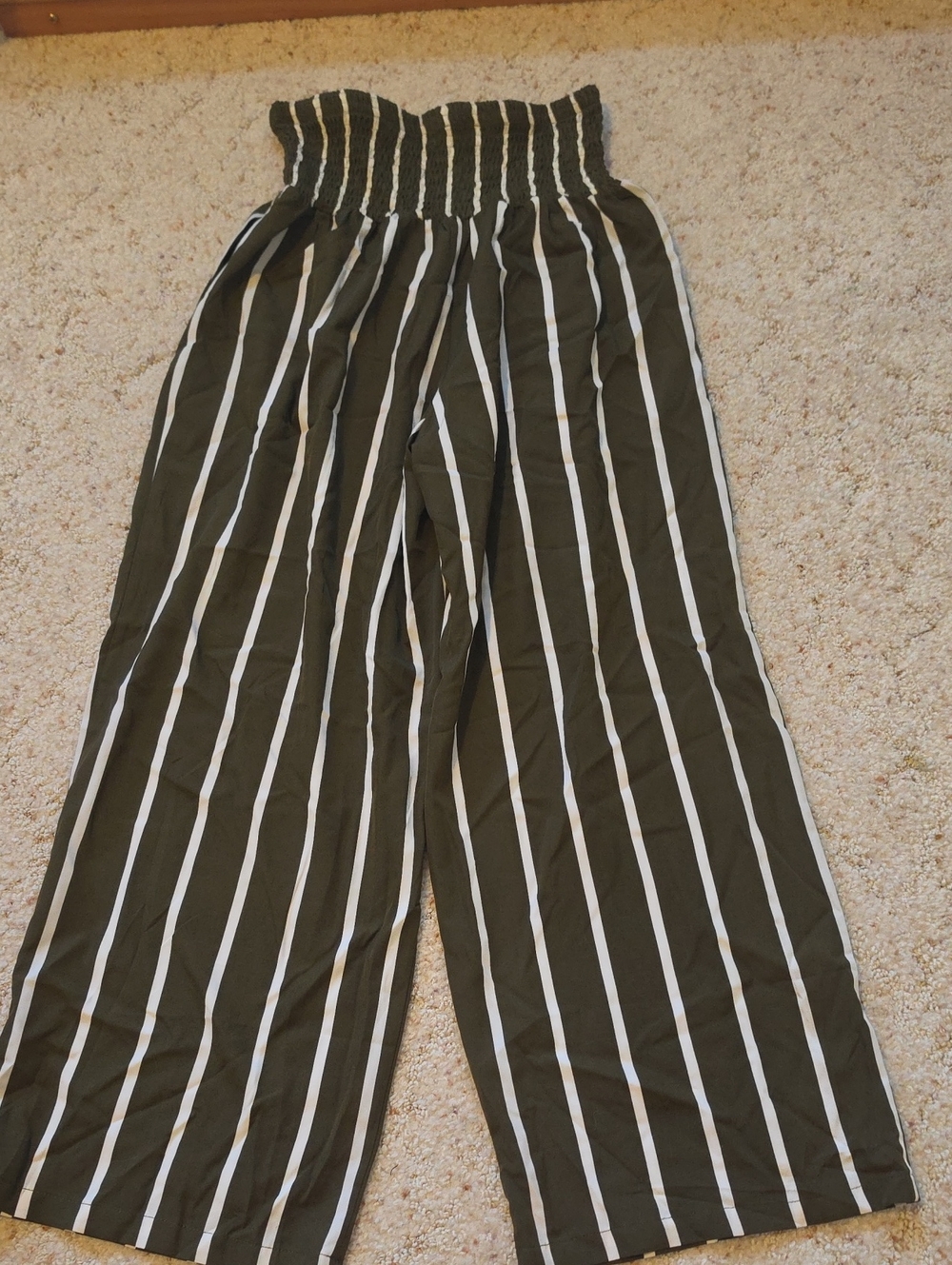 High-Waist Olive Green Wide-Leg Striped Pants